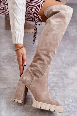New Modne Zamszowe Kozaki Muszkieterki Beżowe Estrela Damskie Kozaki Wiosenne|Kozaki Za Kolano