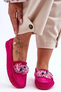 Hot Boto Modne Zamszowe Mokasyny Z Ozdobami Fuksja Delima