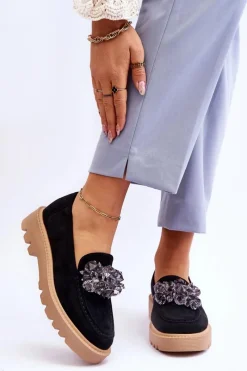 New Modne Zamszowe Mokasyny Z Kryształkami Czarne Demeris Damskie Loafersy Damskie|Mokasyny Płaskie