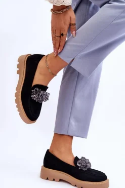 New Modne Zamszowe Mokasyny Z Kryształkami Czarne Demeris Damskie Loafersy Damskie|Mokasyny Płaskie