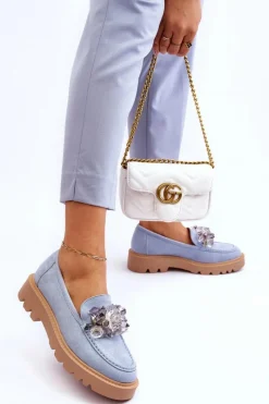 Buty damskie Vinceza Modne Zamszowe Mokasyny Z Kryształkami Niebieskie Demeris