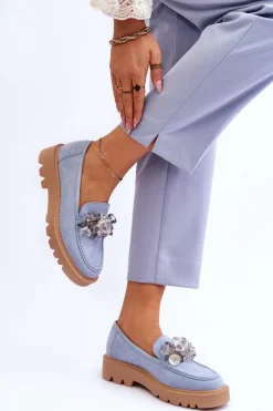 Buty damskie Vinceza Modne Zamszowe Mokasyny Z Kryształkami Niebieskie Demeris