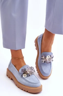 Buty damskie Vinceza Modne Zamszowe Mokasyny Z Kryształkami Niebieskie Demeris
