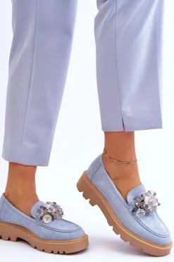 Buty damskie Vinceza Modne Zamszowe Mokasyny Z Kryształkami Niebieskie Demeris