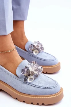 Buty damskie Vinceza Modne Zamszowe Mokasyny Z Kryształkami Niebieskie Demeris