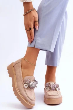 Mokasyny Damskie Zamszowe>Buty damskie Vinceza Modne Zamszowe Mokasyny Z Kryształkami Beżowe Demeris