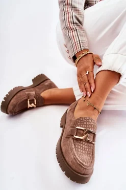 New Modne Zamszowe Półbuty Loafery Jasnobrązowy Lemar Rayhan Damskie Półbuty Skórzane|Mokasyny Damskie Zamszowe