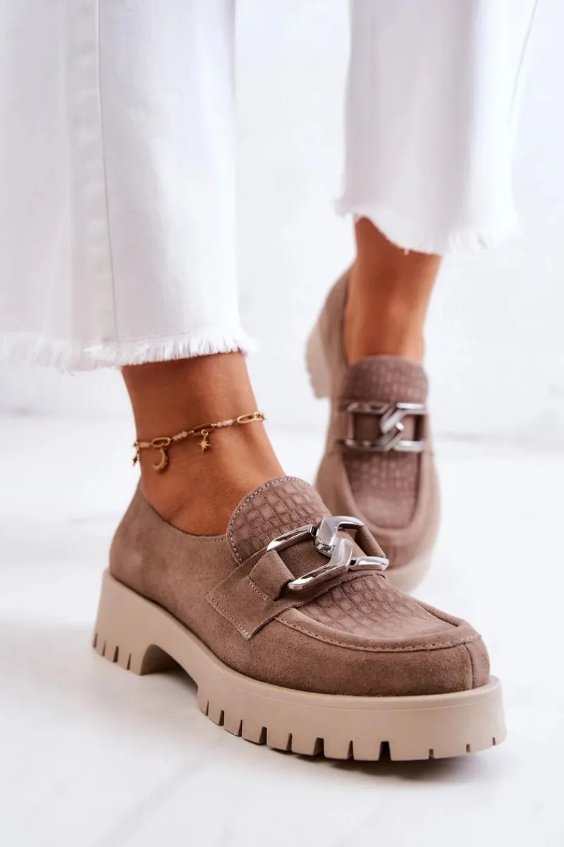 Sale Modne Zamszowe Półbuty Loafery Ciemnobeżowe Rayhan Damskie Półbuty Skórzane|Mokasyny Damskie Zamszowe