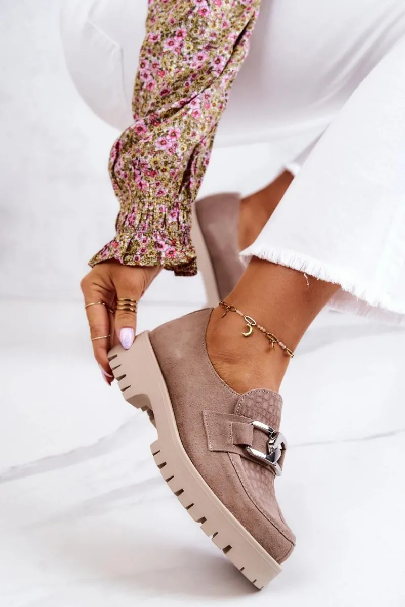 Sale Modne Zamszowe Półbuty Loafery Ciemnobeżowe Rayhan Damskie Półbuty Skórzane|Mokasyny Damskie Zamszowe