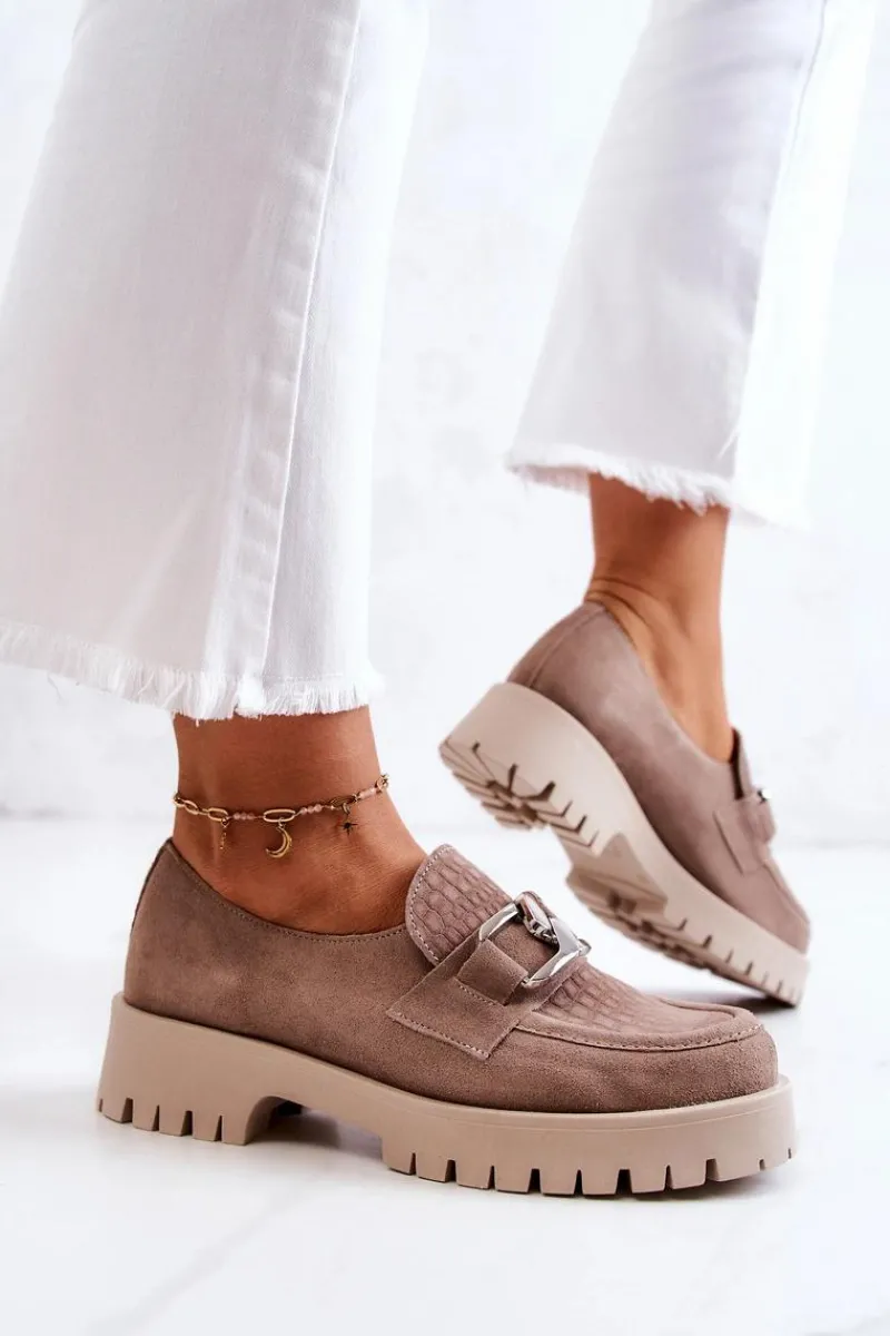 Sale Modne Zamszowe Półbuty Loafery Ciemnobeżowe Rayhan Damskie Półbuty Skórzane|Mokasyny Damskie Zamszowe