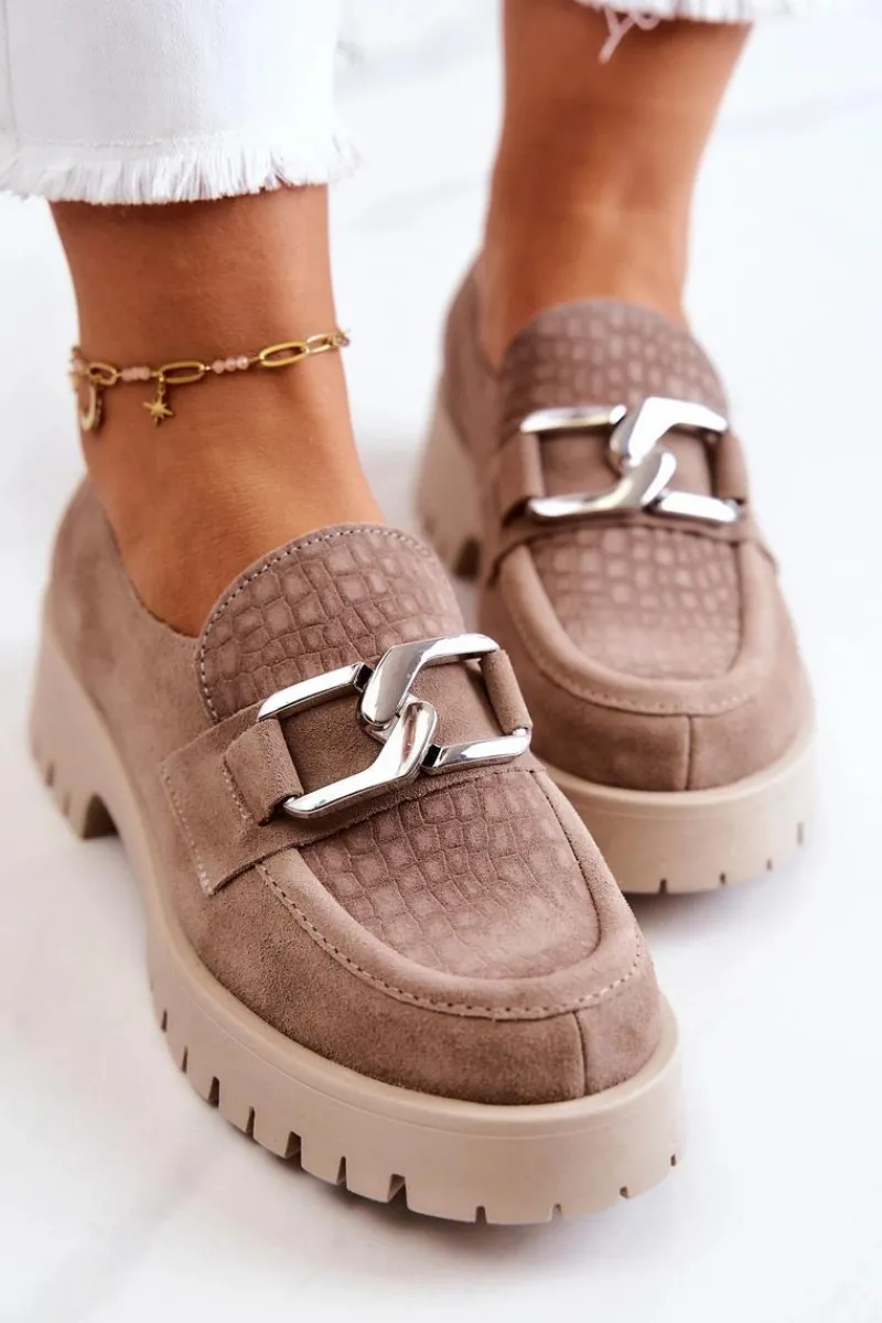 Sale Modne Zamszowe Półbuty Loafery Ciemnobeżowe Rayhan Damskie Półbuty Skórzane|Mokasyny Damskie Zamszowe