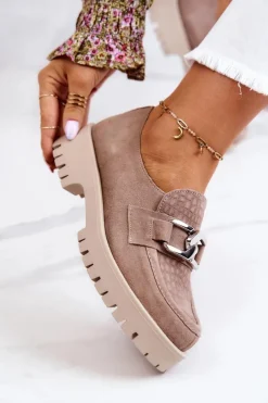 Sale Modne Zamszowe Półbuty Loafery Ciemnobeżowe Rayhan Damskie Półbuty Skórzane|Mokasyny Damskie Zamszowe