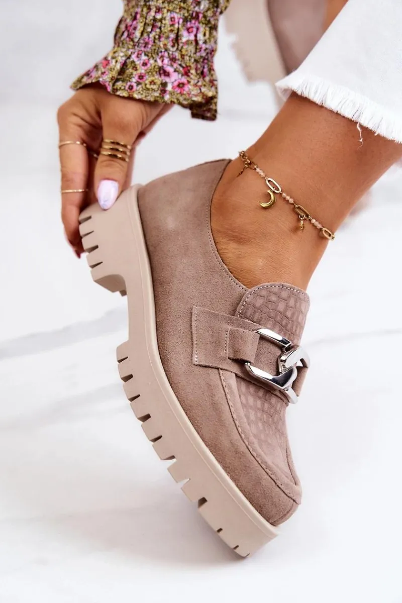 Sale Modne Zamszowe Półbuty Loafery Ciemnobeżowe Rayhan Damskie Półbuty Skórzane|Mokasyny Damskie Zamszowe