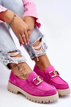 Sale Modne Zamszowe Półbuty Loafery Fuksja Lemar Rayhan Damskie Półbuty Skórzane|Mokasyny Damskie Zamszowe