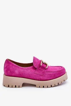 Sale Modne Zamszowe Półbuty Loafery Fuksja Lemar Rayhan Damskie Półbuty Skórzane|Mokasyny Damskie Zamszowe