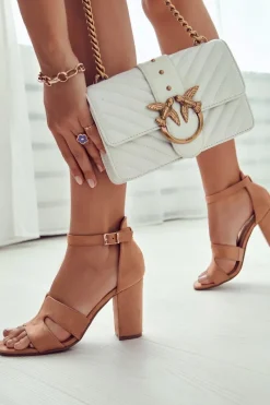 Clearance Modne Zamszowe Sandałki Na Obcasie Camel Aubrey Damskie Sandały Na Obcasie