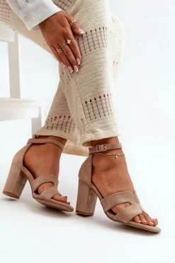 Clearance Modne Zamszowe Sandałki Na Obcasie Camel Aubrey Damskie Sandały Na Obcasie