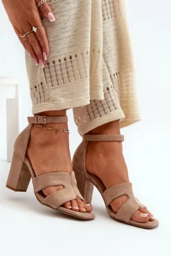 Clearance Modne Zamszowe Sandałki Na Obcasie Camel Aubrey Damskie Sandały Na Obcasie