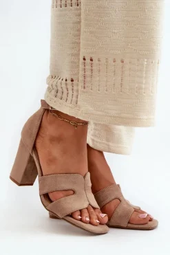 Clearance Modne Zamszowe Sandałki Na Obcasie Camel Aubrey Damskie Sandały Na Obcasie