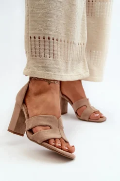 Clearance Modne Zamszowe Sandałki Na Obcasie Camel Aubrey Damskie Sandały Na Obcasie