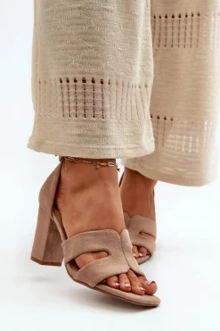 Clearance Modne Zamszowe Sandałki Na Obcasie Camel Aubrey Damskie Sandały Na Obcasie