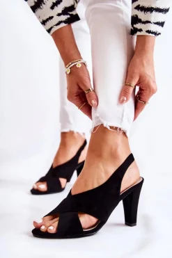 Sandały Na Obcasie>Damskie buty S.Barski Modne Zamszowe Sandały Czarne Therala