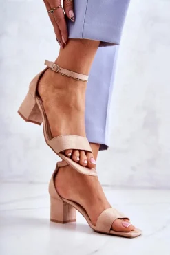 Discount Modne Zamszowe Sandały Na Słupku Beżowe Rovena Damskie Sandały Na Obcasie