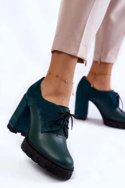 Damskie Trapery|Botki Sznurowane>Boto Modne Zamszowo-Skórzane Botki Na Platformie Zielone Carisa