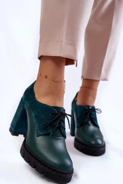 Damskie Trapery|Botki Sznurowane>Boto Modne Zamszowo-Skórzane Botki Na Platformie Zielone Carisa