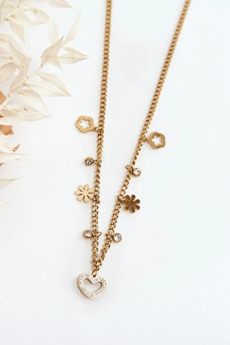 Clearance Modny Łańcuszek Z Kwiatami I Sercem Złoty Naszyjniki