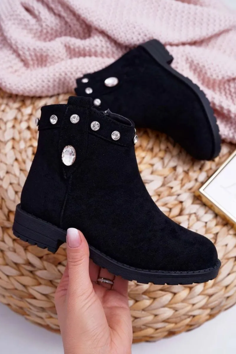 Hot Młodzieżowe Botki Czarne z Kryształkami Płaski Obcas Venici Dzieci Dziewczęce