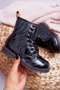 Chłopięce|Dziewczęce>Boto Młodzieżowe Botki Lakierowane z Suwakiem Czarne Omua