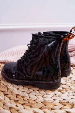 Chłopięce|Dziewczęce></noscript>Boto Młodzieżowe Botki Lakierowane z Suwakiem Czarne Omua