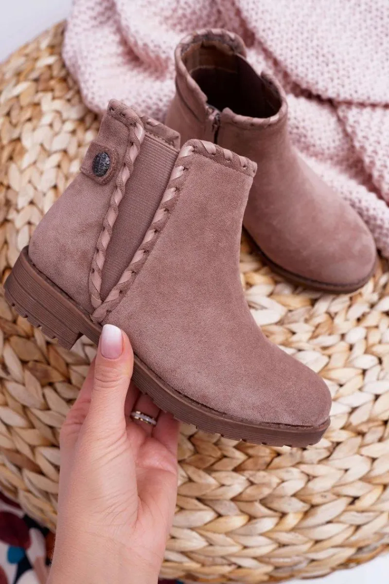 Clearance Młodzieżowe Botki Płaski Obcas Khaki Sicarro Dzieci Dziewczęce