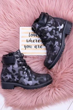 Chłopięce|Dziewczęce>Boto Młodzieżowe Ocieplane Czarne Botki Traperki MoroStyle