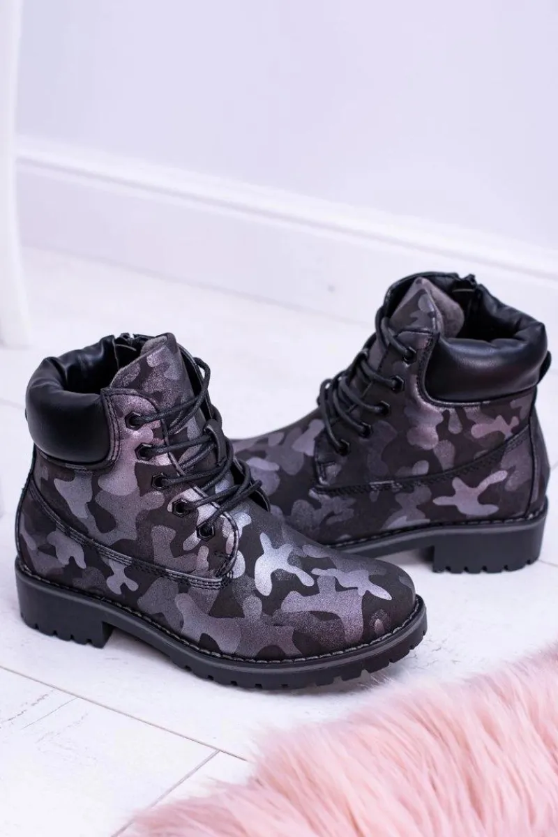 Chłopięce|Dziewczęce>Boto Młodzieżowe Ocieplane Czarne Botki Traperki MoroStyle