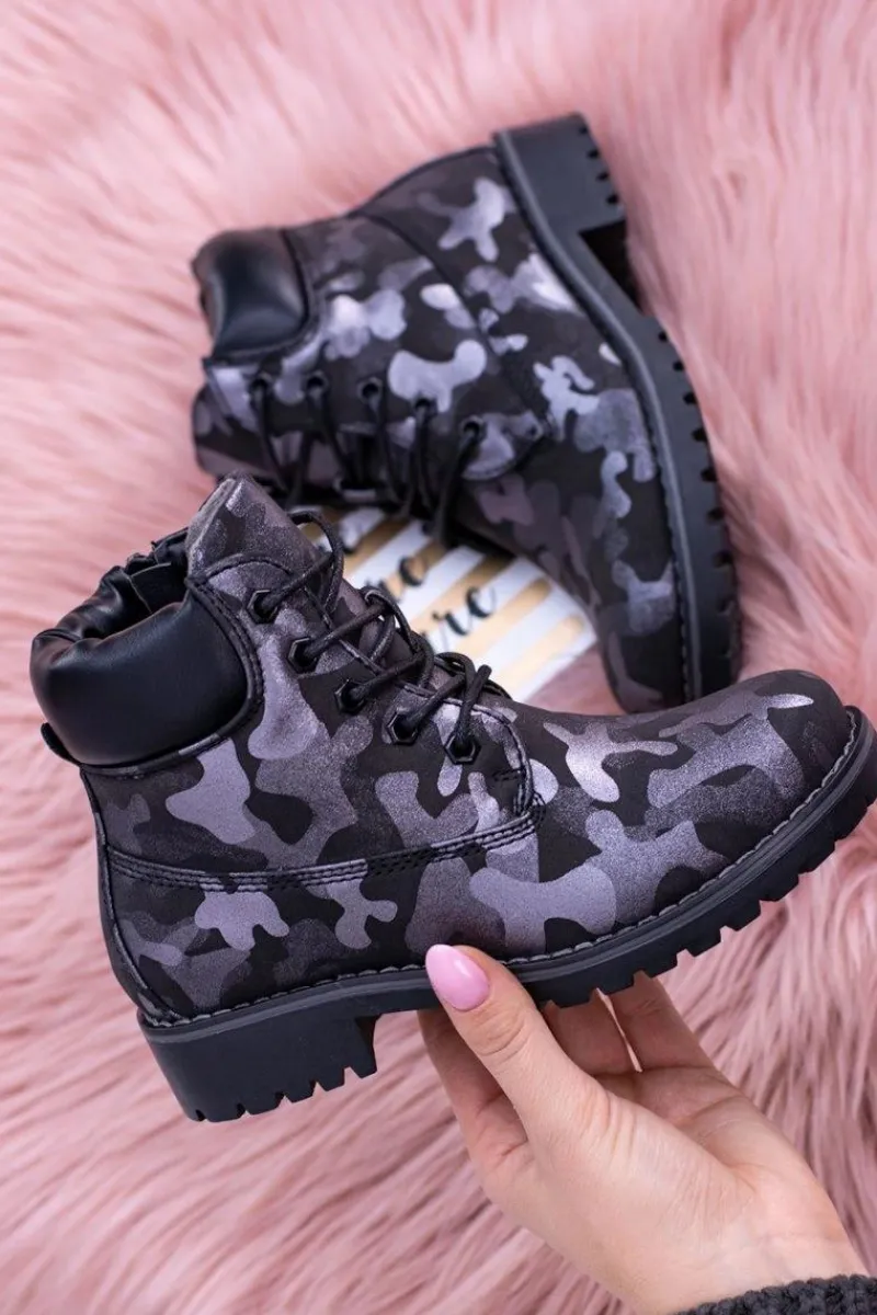 Chłopięce|Dziewczęce>Boto Młodzieżowe Ocieplane Czarne Botki Traperki MoroStyle