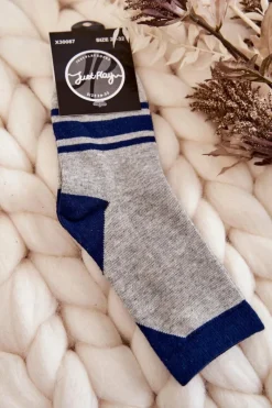 Best Młodzieżowe Skarpety Dwukolorowe Z Paskami Szaro-Granatowe Skarpetki|Skarpetki