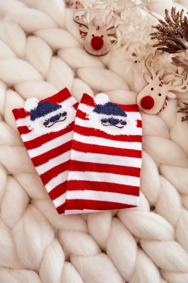 Clearance Młodzieżowe Skarpety W Paski Z Mikołajem Biało-Czerwone Skarpetki|Skarpetki