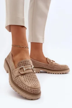 Online Mokasyny Damskie Ażurowe Z Ozdobą Beżowe Talesse Damskie Mokasyny Damskie Zamszowe
