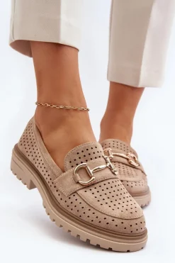 Online Mokasyny Damskie Ażurowe Z Ozdobą Beżowe Talesse Damskie Mokasyny Damskie Zamszowe