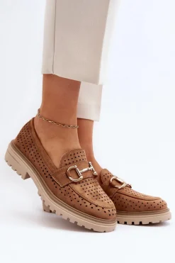 Sale Boto Mokasyny Damskie Ażurowe Z Ozdobą Camel Talesse Brązowy