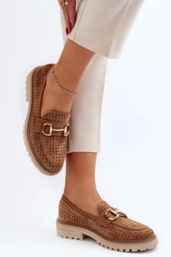 Sale Boto Mokasyny Damskie Ażurowe Z Ozdobą Camel Talesse Brązowy