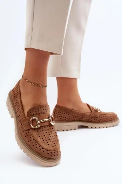 Sale Boto Mokasyny Damskie Ażurowe Z Ozdobą Camel Talesse Brązowy