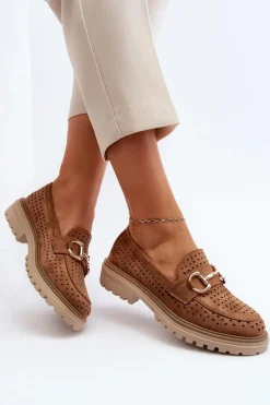 Sale Boto Mokasyny Damskie Ażurowe Z Ozdobą Camel Talesse Brązowy