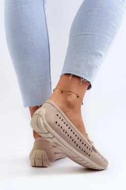 Sale Boto Mokasyny Damskie Ażurowe Z Ozdobą Beżowe Kaydance Beżowy