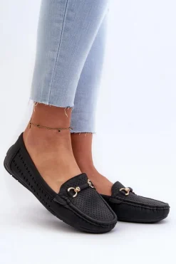 Outlet Boto Mokasyny Damskie Ażurowe Z Ozdobą Czarne Kaydance Czarny