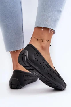 Outlet Boto Mokasyny Damskie Ażurowe Z Ozdobą Czarne Kaydance Czarny