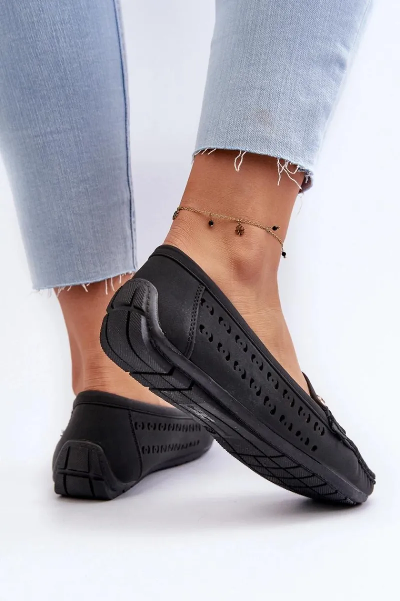 Outlet Boto Mokasyny Damskie Ażurowe Z Ozdobą Czarne Kaydance Czarny