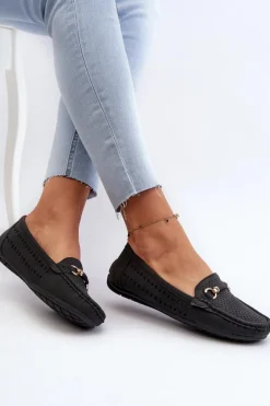 Outlet Boto Mokasyny Damskie Ażurowe Z Ozdobą Czarne Kaydance Czarny
